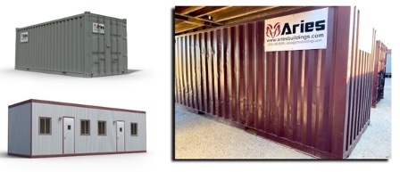  Alt Tag: On the left are two 3D renderings, one of an Aries-branded storage container and the other of a GLO. On the right is a photograph of a burgundy storage container with undulated sides and the Aries logo placed on the top corner of the container, along with the contact information for Aries: www.ariesbuildings.com, 1-888-598-6689.