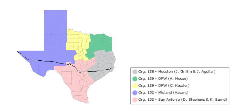 A Texas state map showing county lines, color-coded to reflect the various sales reps that represent each area – which is described in more specific detail in the body of this article.