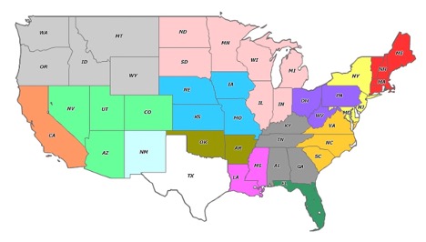 A U.S. map with states and regions color-coded to reflect the various sales reps that represent each area – which is described in more specific detail in the body of this article.