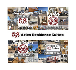 4 similar graphics highlighting four Texas workforce housing locations, in between rows is the red and white ram Aries’ logo on the far left and “Aries Residence Suites” written in black next to it. The four graphics contain 8 small pictures each and a red and white ram Aries’ logo in the center. A grey rectangle with “West Texas” written in white print for Goldsmith on the top left and Orla on the top right; and a grey rectangle with “South Texas” written in white print for Three Rivers on the bottom left and Karnes City on the bottom right.