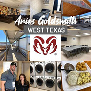 Collage of 8 pictures of the Goldsmith workforce housing, in the center is a red and white ram Aries’ logo. Above the logo is a grey rectangle with “West Texas” in white print and above that “Aries Goldsmith” is in white cursive.
