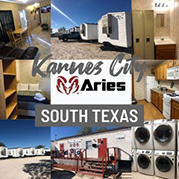 Collage of 8 pictures of the Karnes City workforce housing camp, in the center is a red and white ram Aries’ logo on the left and the word “Aries” written in black next to it. On the bottom center is a grey rectangle with “South Texas” in white print. In the top center “Karnes City” is in grey cursive.