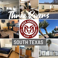 Collage of 8 pictures of the Three Rivers workforce housing camp, in the center is a red and white ram Aries’ logo with the words “Aries Lodging Eat Sleep Refresh” circling around it. Below the logo is a grey rectangle with the words “South Texas” in white print. In the top center “Three Rivers” is in white cursive.