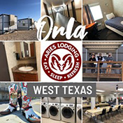 Collage of 8 pictures of the Orla workforce housing camp, in the center is a red and white ram Aries’ logo with the words “Aries Lodging Eat Sleep Refresh” circling it. Below the logo is a grey rectangle with the words “West Texas” in white print. In the top center “Orla” is in white cursive.
