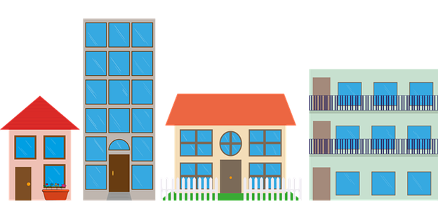 A computer-rendered drawing of the front of different buildings, a small house, a high-rise building, another house with a front yard and white picket fence, and a square building that looks like a motel, all lined up beside each other on a white background.