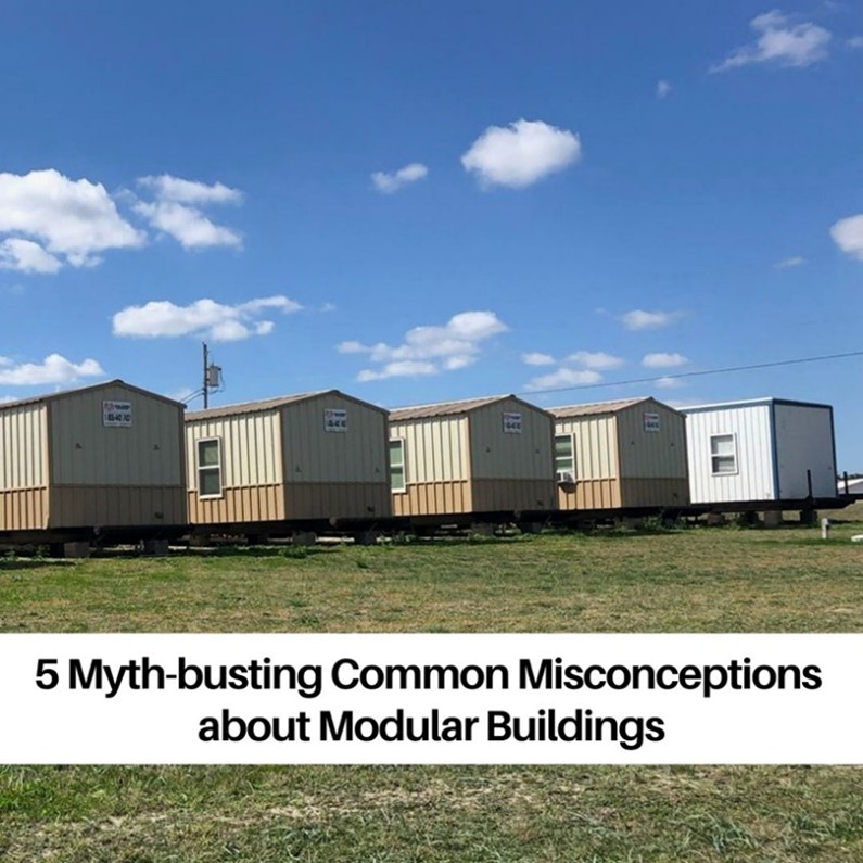 A beautiful photo of an array of brown and orange modular house made by Aries around a field of green grass with a white banner on the bottom that says “5 myth-busting Common Misconceptions about Modular Buildings”