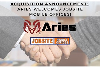 A faded image of a handshake with a grey transparent banner above declaring, “Acquisition Announcement: Aries Welcomes Jobsite Mobile Offices!” In the middle of the image is the black Aries’ logo with the burgundy ram head on the left side. Below the Aries’ logo is the orange, blue, and white logo of Jobsite Mobile Offices.