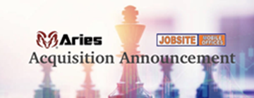 An image of 5 chess pieces with an orange and blueish-violet color of a sunset as the background with the words “Acquisition Announcement” on the image. Above “Acquisition Announcement” are both logos of Aries (left) and Jobsite Mobile Offices (right).