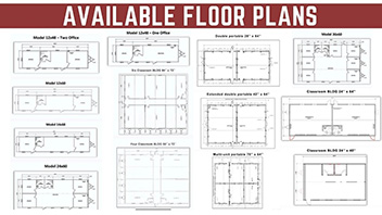 A collage of all the available floor plans of Aries for its modular classrooms. With a red banner on top that says “Available floor plans” in all capitalized letters.