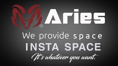 Charcoal architectural grid background with text that says “Aries, we provide space, Insta Space, it’s whatever you want”. Aries’ official burgundy Ram logo can be seen to the right of the word Aries.