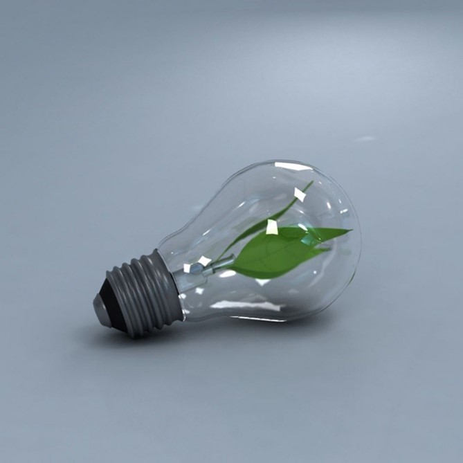 A photograph of a lightbulb with three green leaves growing inside and laying on a grey surface.
