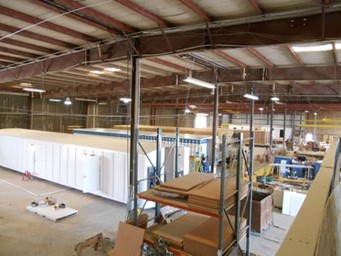 Photograph of the interior of Aries’ modular building manufacturing facility in Troy, Texas.