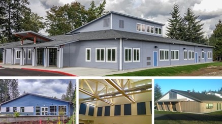 A collage of photos that show the interior and exteriors of permanent buildings that can be used for businesses or schools with many windows and high ceilings.