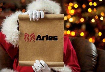 A clever view of the unmistakable Santa Claus, as he’s holding up a scroll of brown parchment paper blocking his face, with Aries’ logo prominently branded across his “naughty and nice” modular building list.
