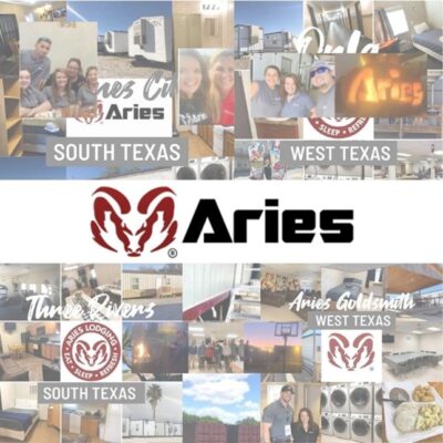 A collage of pictures encompassing everything about Aries employees and locations. In the middle is a banner with Aries’ logo of the red ram head and next to it is the word “Aries” written in black.