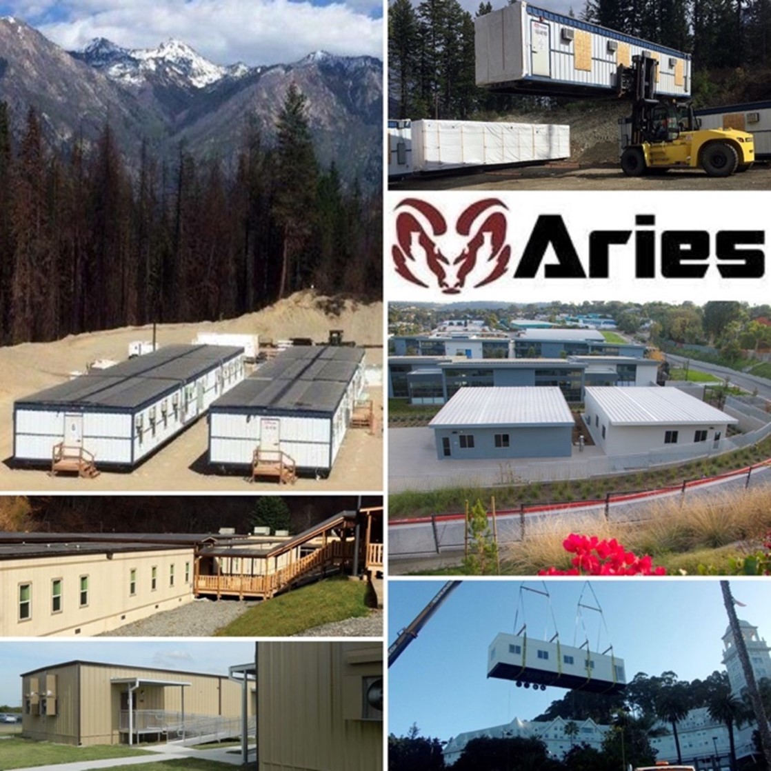 A photograph collage of 6 pictures of modular buildings being installed or on campuses with other modular buildings and the burgundy ram and Aries logo placed on the right center.