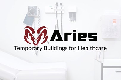 : A background image of a sterile medical facility room with Aries Building System’s official “Aries” ram head logo and the words “Temporary Buildings for Healthcare” presented underneath.