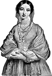 A sketch of Florence Nightingale with a head covering wearing an elegant period dress with loose sleeves and a voluminous skirt.