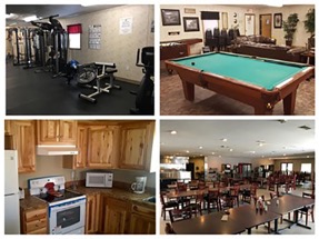 Four photographs of room interiors one with a gym, one highlighting a billiards table, one with a full kitchen, and one of a dining hall with lots of tables and chairs.