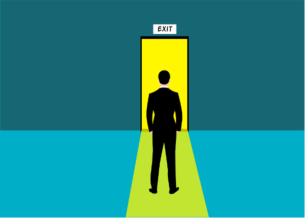 A graphic of a professional wearing a suit facing an exit doorway with yellow light shining out.
