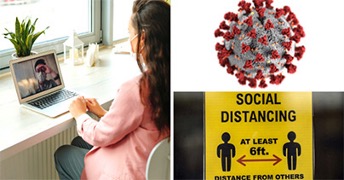 Three photos related to the COVID-19 pandemic. The photo on the left shows someone working from home in front of a laptop doing a video conference. The second photo in the upper right corner shows a magnified view of the Coronavirus strain. The third photo on the bottom right corner shows a sign asking people to maintain at least 6 feet social distancing.