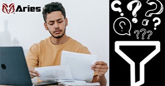The photo on the left shows someone frowning and reading multiple pages of paper while sitting in front of a laptop. The second graphic on the right has black and white line art showing a bunch of question marks going into a funnel. The red Aries’ ram logo is at the top left of the first photo.