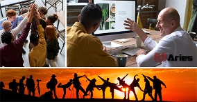 A collage of three photos. First photo on the upper left corner shows a group of 8 employees doing a high-five. On the upper right, an employee and a manager are having friendly conversation in front of a computer with the Aries’ logo incorporated in the bottom right of the photo. Last photo across the bottom shows a silhouette of people in goofy poses enjoying the sunset.