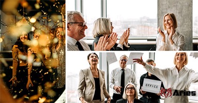 A collage of three photos symbolizing celebration in the office. Photo on the left shows a group of people celebrating with golden confetti. Photo on the upper right shows 3 employees smiling and clapping in celebration. Last photo on the bottom right shows 5 employees celebrating in the office and throwing paperwork in the air. The red ram Aries’ logo is on top of the bottom right photo.