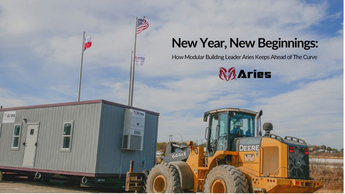 A yellow tractor pulls a high-quality Aries modular container, on its way to its consumer. On the top right is the blog title that says, “New Year, New Beginnings: How Modular Building Leader Aries Keeps Ahead of The Curve” with the red Aries’ ram logo underneath.