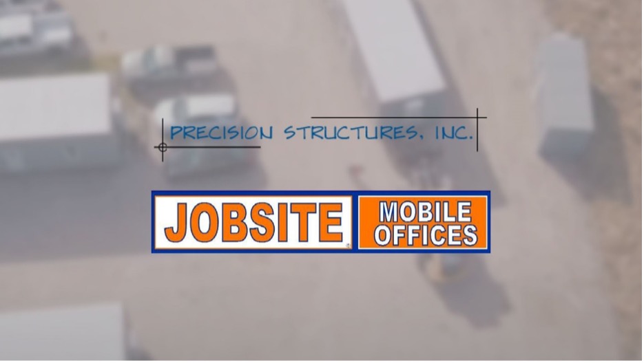 Logos of both modular building leader Aries’ acquisitions — Precision Structures Inc. and Jobsite Mobile Offices. The blurred background is an aerial view of an Aries’ lot ready to provide hundreds of high-quality modular buildings to its consumers.