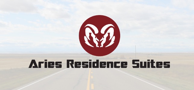 Aries Residence Suites logo with a faded background of a highway