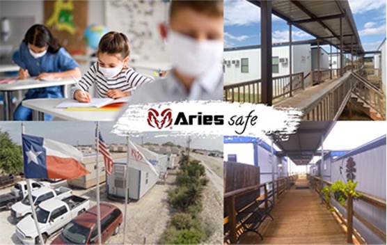 A four-picture collage, in the center of which is the Aries’ ram logo and the words “Aries safe.” The top left photo has three children wearing face masks and sitting at desks far apart in a classroom; the top right photo shows a covered walkway with stairs leading to modular buildings; the bottom left photo shows vehicles parked under 3 flagpoles in front of a sales yard with rows of modular buildings; the bottom right photo shows a covered walkway between modular buildings with some plants and a bench to create an outside place to rest in the shade.