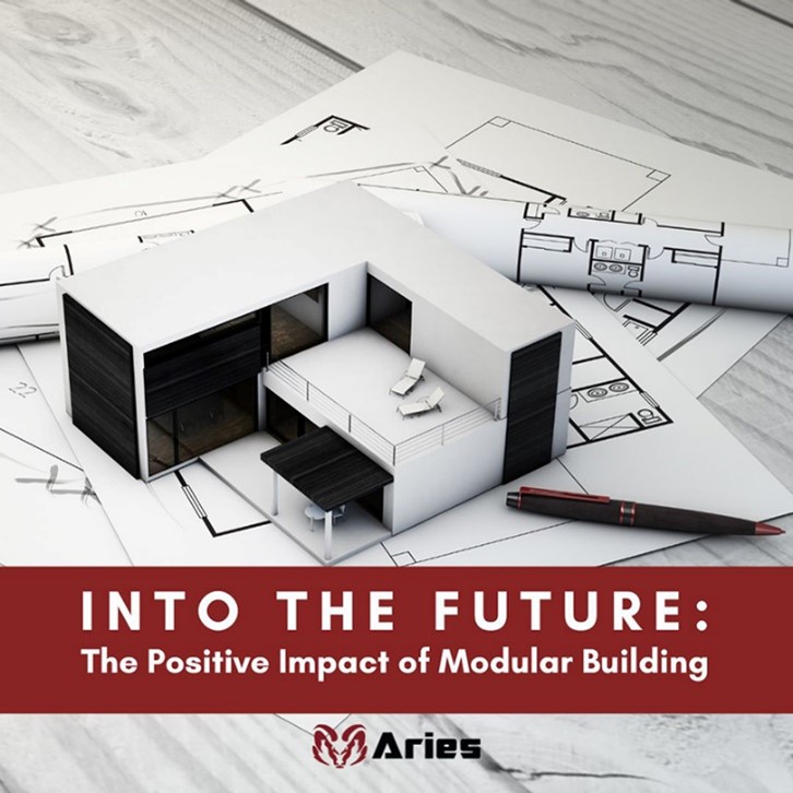 A photo of a light grey wood table with a miniature modular building diorama and blueprints splayed on top. Below the picture is a dark red banner with “Into the Future: The Positive Impact of Modular Building” in white text and the red ram Aries’ logo at the bottom.