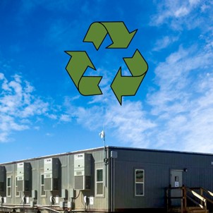 A cropped photograph of an Aries’ modular building with a very beautiful sky above. On top of the image is dark green recycle triangle graphic icon.