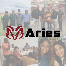 A collage of four faded photographs of Aries’ employees having a good time with the red ram Aries’ logo placed in the middle.