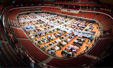 A photo of the vast interior of Hongshan Stadium’s Fangcang Shelter Hospital.