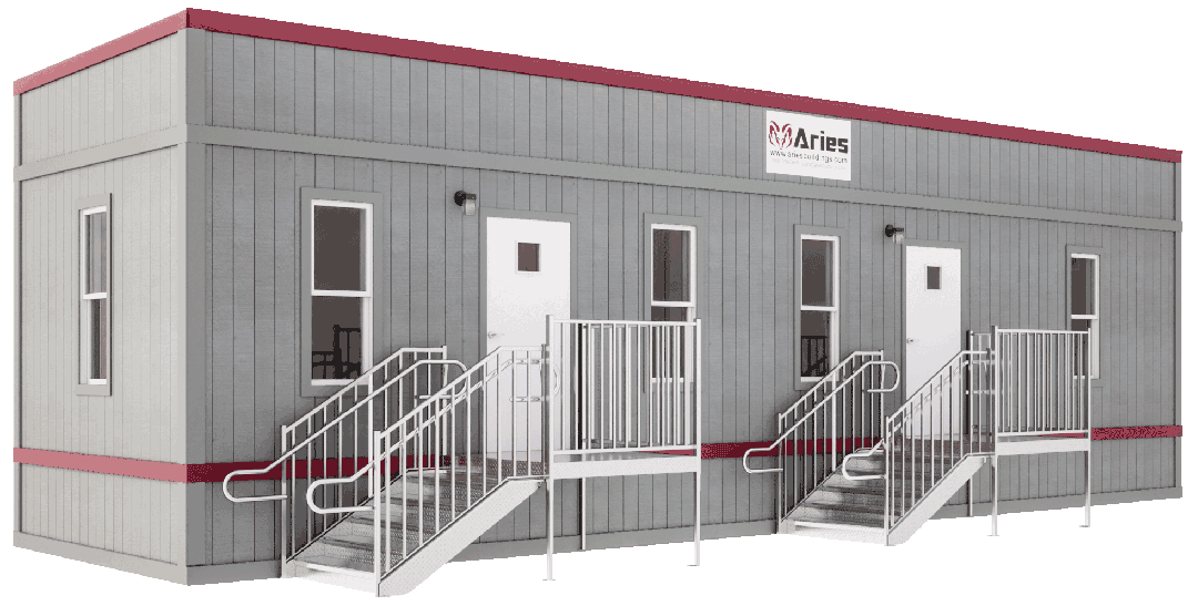 A 3D render of a mobile office building from Aries Buildings