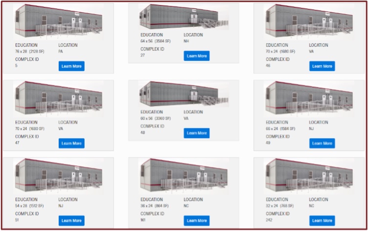 A grid of Aries' available portable classroom options pulled directly from their website.