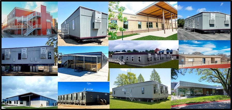 A collage of 12 different modular buildings provided by Aries Buildings.