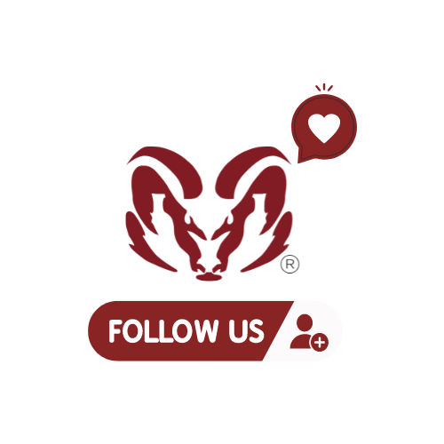 PNG of Aries' logo with the words "FOLLOW US" below. A follow icon and like icon accompany the logo. Everything is in the company colors.