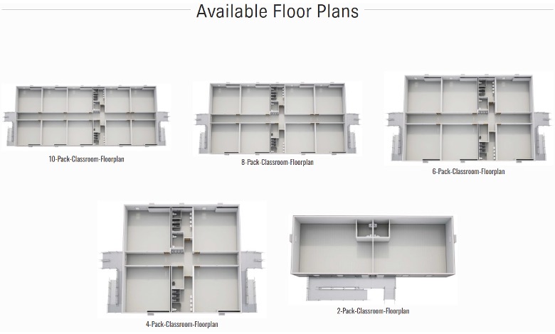 The five available floor plans are categorized into 10-pack, 8-pack, 6-pack, 4-pack, and 2-pack classroom layouts. Each plan shows a different configuration for the number of classrooms in each pack.