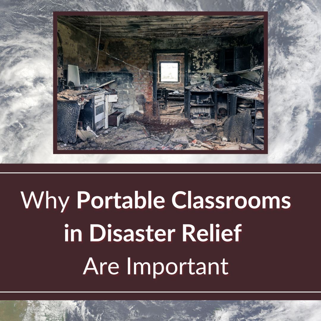 Aries 2025 Blog Hero Images (1080 x 1080 px) Volunteers in green shirts sorting disaster relief supplies, with an Aries portable classroom overlayed. The text reads “Why Portable Classrooms in Disaster Relief Are Important.” Aries logo is below the classroom in white.