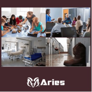 ABS_classroom collage A collage showcases creative uses for portable buildings: a group engaging in a hands-on activity, a meeting or discussion among adults, a medical setup with hospital beds, and a walkway with boots outside one door. The Aries logo appears at the bottom.