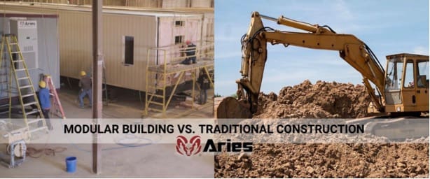 A side-by-side comparative: workers assemble modular buildings on one side, while the other has a conventional site prepared by industrial machinery, overlaid by the Aries logo and text reading “Modular Building vs. Traditional Construction.”