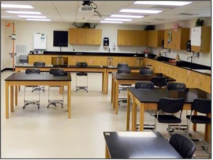 The interior of a portable classroom that has been customized for a STEM lab.