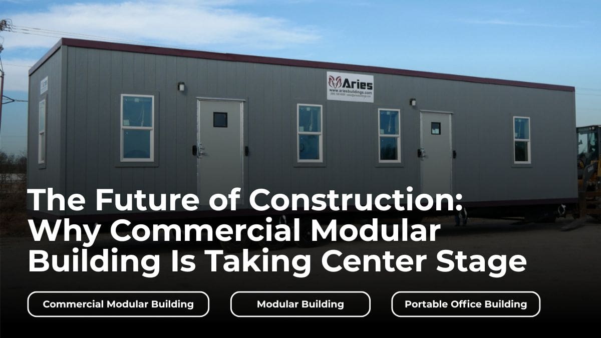 The exterior of one of Aries' modular commercial buildings with the words "The Future of Construction: Why Commercial Modular Building is Taking Center Stage" bolded and overlayed on top. The bottom half of the image is darkened and there are three curved textboxes containing supporting keywords centered underneath the title.
