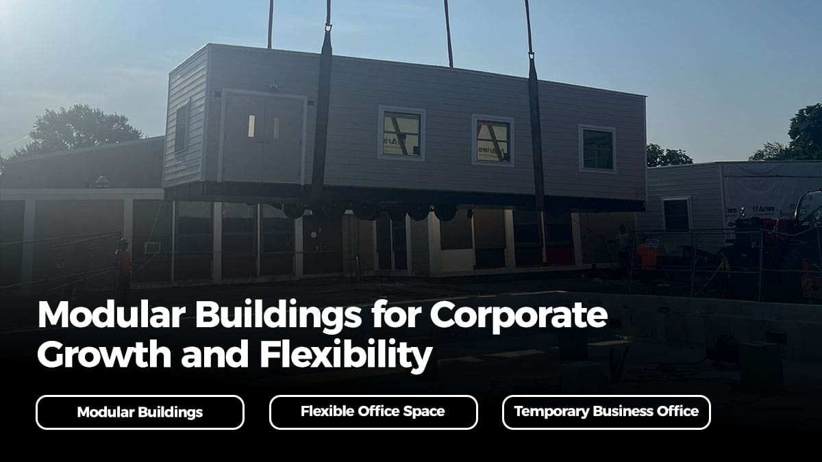 A picture that demonstrates how Modular Buildings for Corporate Growth and Flexibility can be a viable solution for business growth. In the picture, a modular building is being held by a crane and about to be placed on the ground.