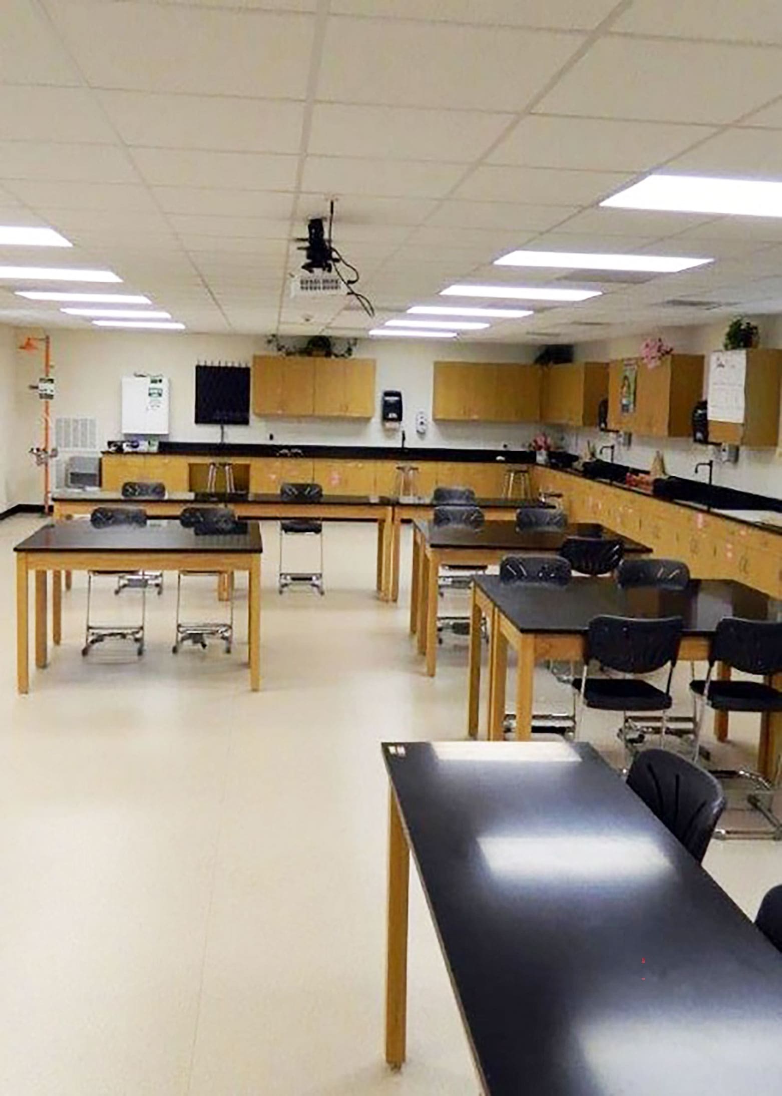 Fully equipped science lab inside an Aries portable classroom designed for vocational and technical education programs.