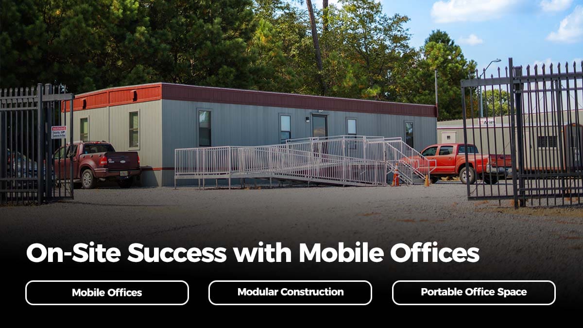 A secure and professional Aries Building Systems mobile office installed on a construction site with trucks parked nearby, representing efficient on-site operations.