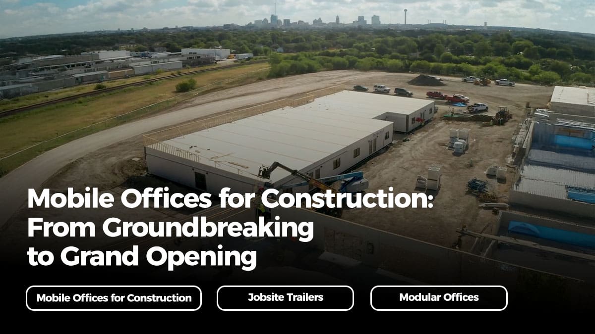 An aerial shot of a time lapse from an educational modular facility project by Aries Buildings. The title “Mobile Offices for Construction: From Groundbreaking to Grand Opening” is overlayed on top of the darkened bottom half of the image with supporting keywords evenly spaced out and centered underneath.